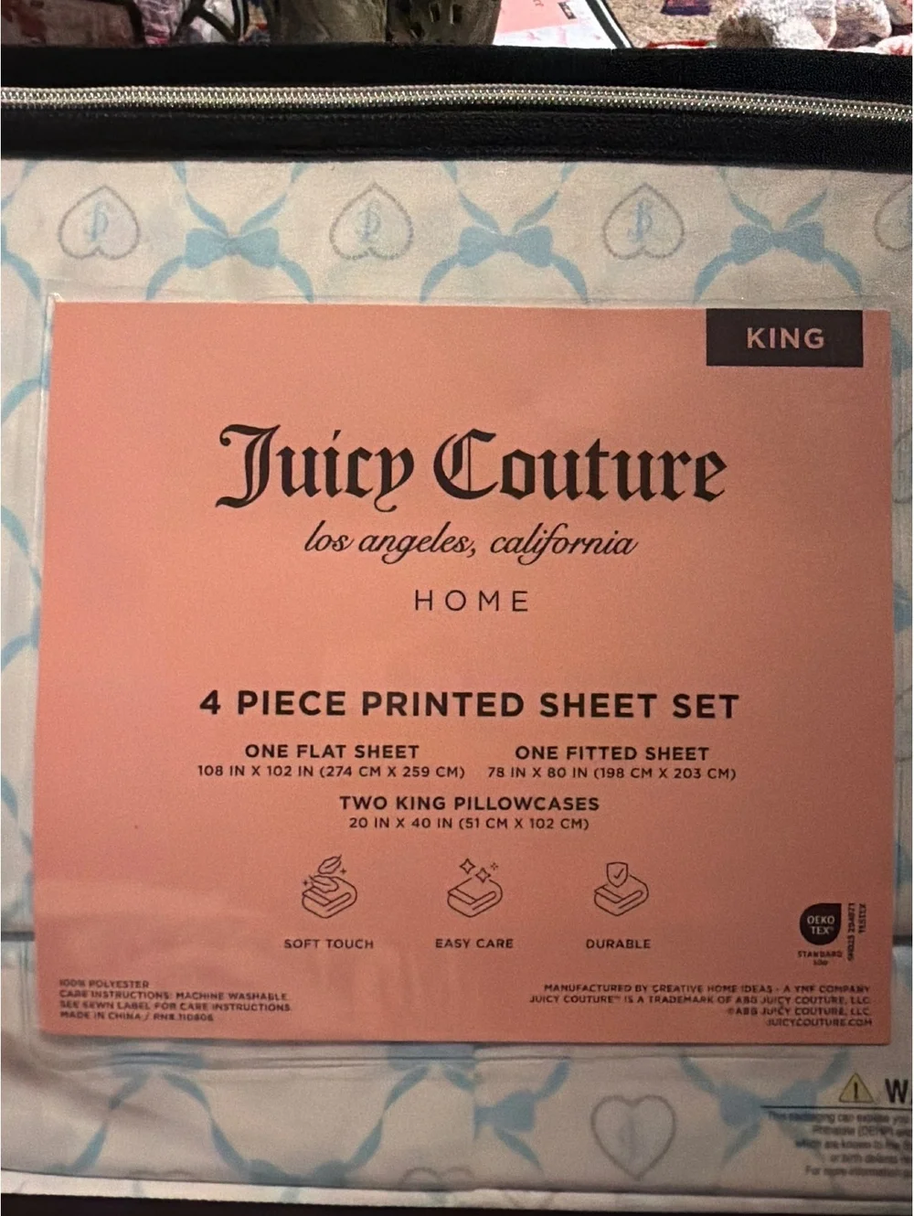 Juicy Couture King 4-Piece Sheet Set – Blue Bow & Heart Print – New